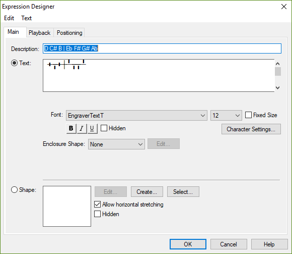 Expression Designer dialog box with example harp pedal diagram